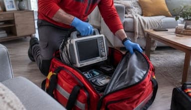 Manos de un técnico abriendo la mochila de material en el salón de una casa