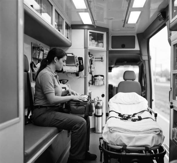 Interior de una unidad medicalizada en marcha, con la técnica de emergencias junto a la camilla